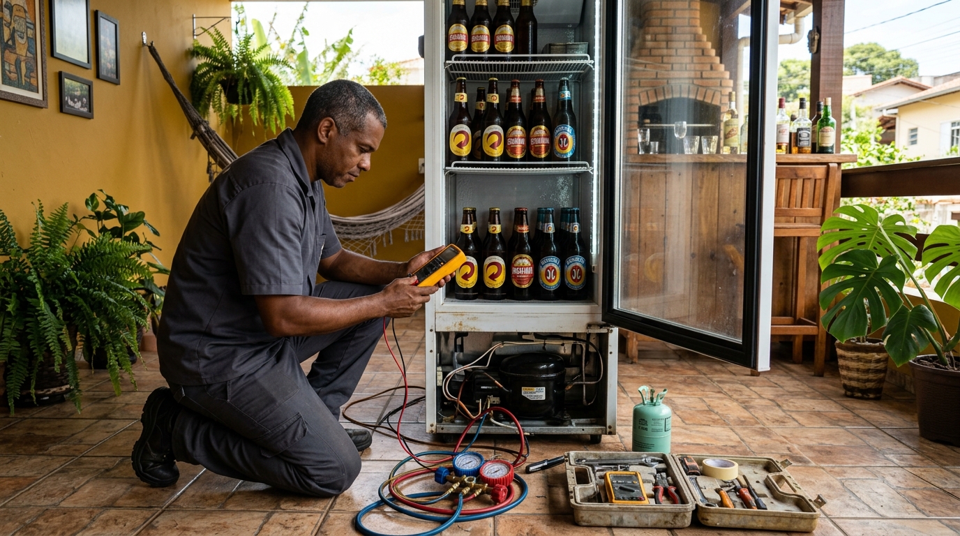 Placa eletrônica de cervejeira em reparo na bancada em Suzano‑SP