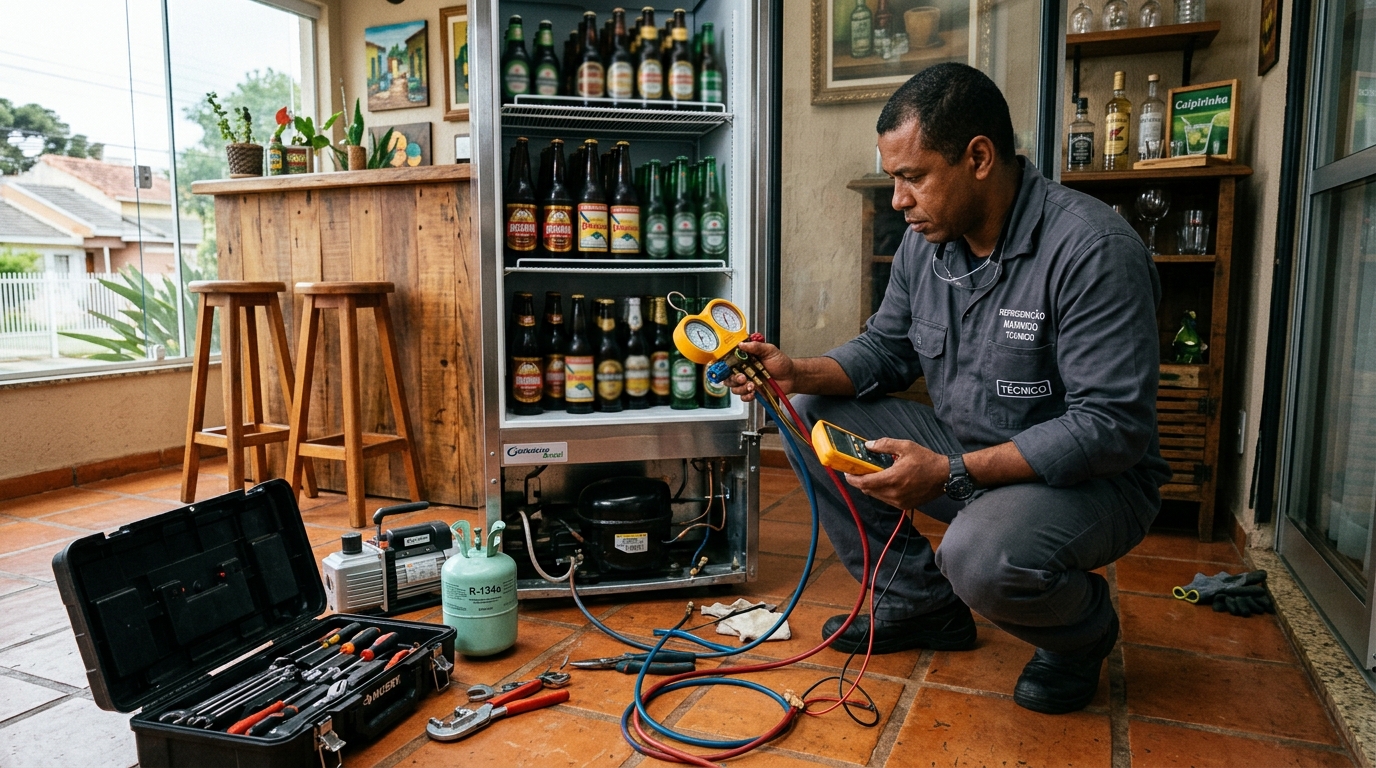 Técnico conferindo a temperatura de uma cervejeira durante atendimento em Suzano‑SP