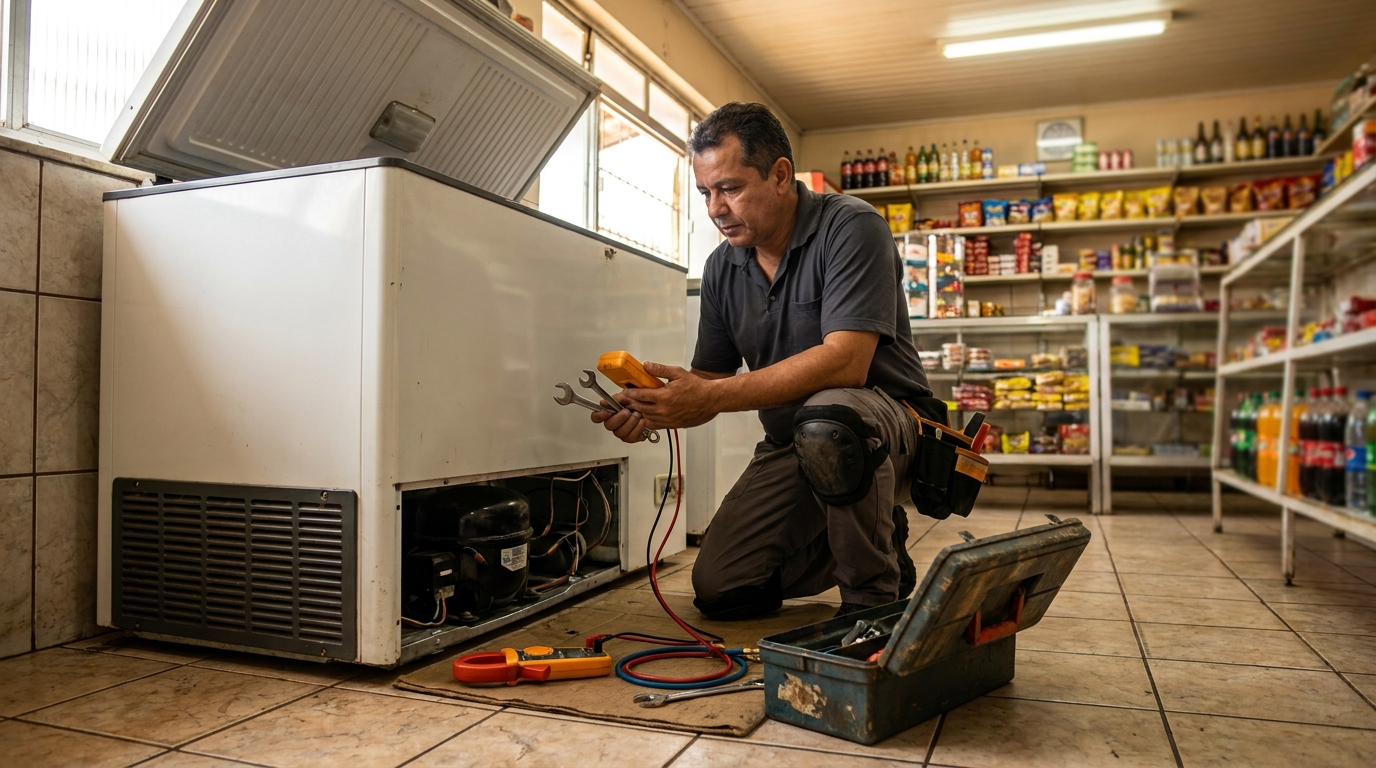 Técnico avaliando um freezer vertical durante atendimento em Suzano‑SP